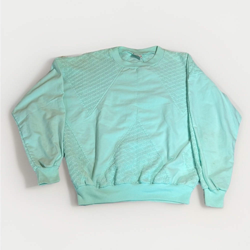 Vintage Lady Footlocker Teal Sweatshirt Crew Neck Crochet Detail sz M